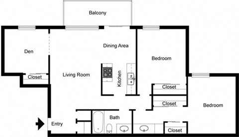 Floor plan for 2 beds, 1 bath, 1121 sqft