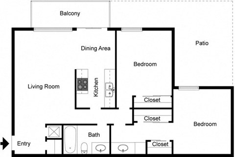 Floor plan for 2 beds, 1 bath, 978 sqft