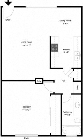 Floor plan for 1 bed, 1 bath, 731 sqft