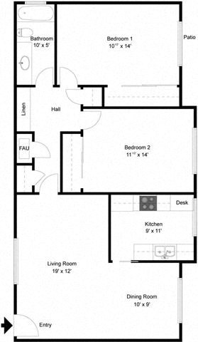 Floor plan for 2 beds, 1 bath, 970 sqft