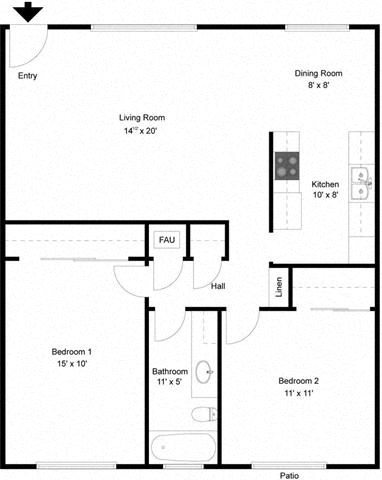 Floor plan for 2 beds, 1 bath, 1036 sqft