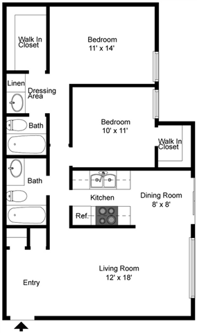 Floor plan for 2 beds, 1 bath, 1025 sqft