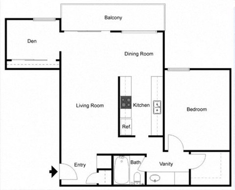 Floor plan for 1 bed, 1 bath, 882 sqft