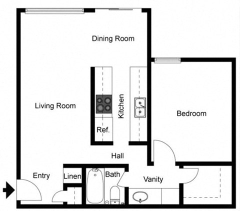 Floor plan for 1 bed, 1 bath, 760 sqft