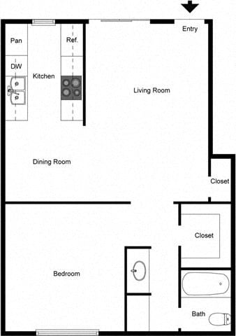 Floor plan for 1 bed, 1 bath, 750 sqft