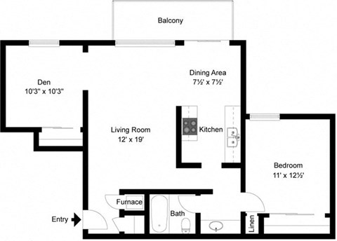 Floor plan for 1 bed, 1 bath, 840 sqft