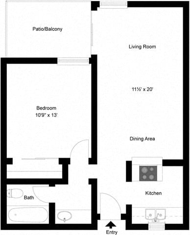 Floor plan for 1 bed, 1 bath, 708 sqft