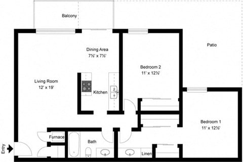 Floor plan for 2 beds, 1.3 baths, 978 sqft
