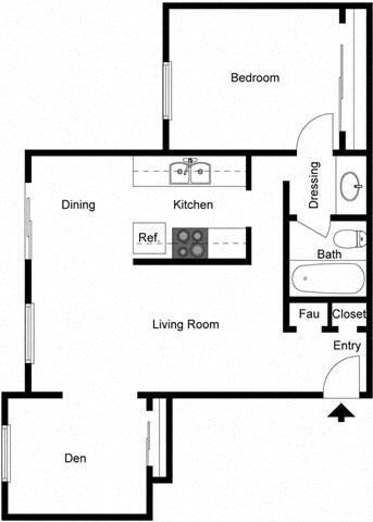 Floor plan for 1 bed, 1 bath, 849 sqft