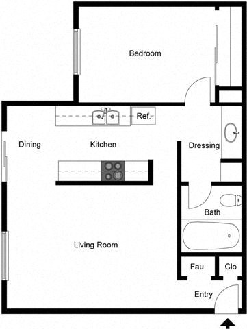 Floor plan for 1 bed, 1 bath, 701 sqft