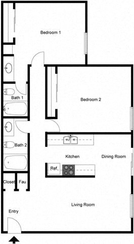 Floor plan for 2 beds, 2 baths, 1003 sqft