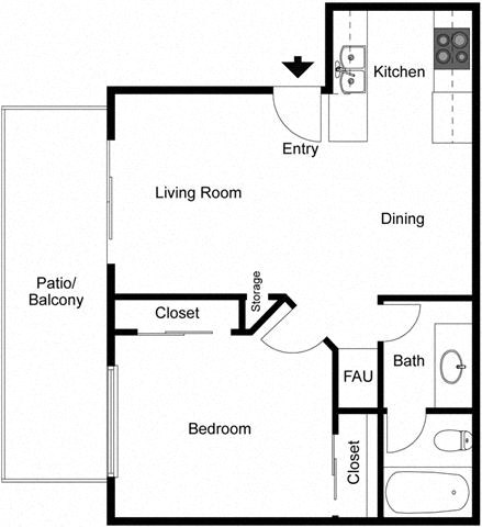 Floor plan for 1 bed, 1 bath, 616 sqft