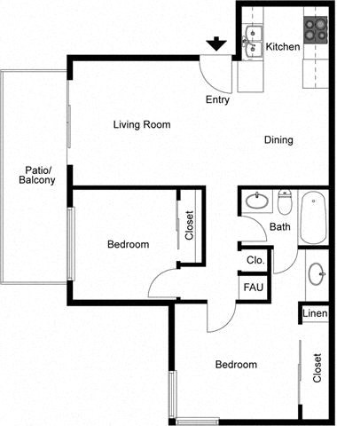 Floor plan for 2 beds, 1 bath, 810 sqft