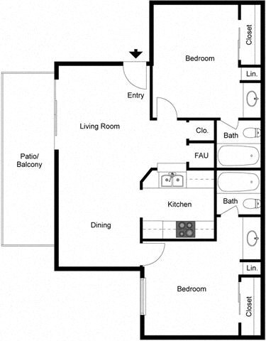 Floor plan for 2 beds, 2 baths, 860 sqft