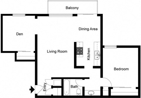 Floor plan for 1 bed, 1 bath, 845 sqft