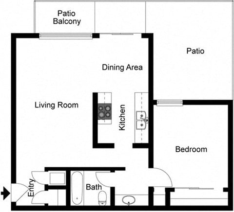 Floor plan for 1 bed, 1 bath, 713 sqft