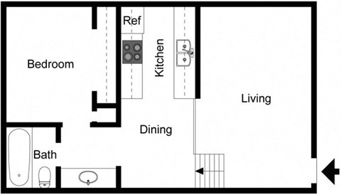 Floor plan for 1 bed, 1 bath, 578 sqft