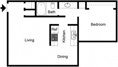 Floor plan for 1 bed, 1 bath, 701 sqft