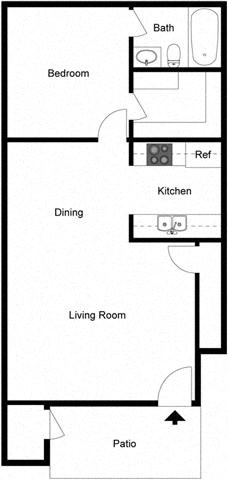 Floor plan for 1 bed, 1 bath, 701 sqft