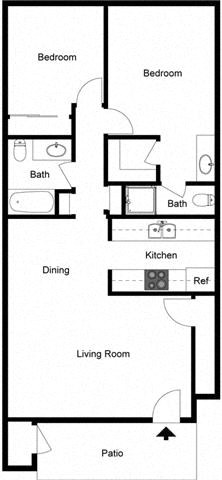 Floor plan for 2 beds, 2 baths, 954 sqft
