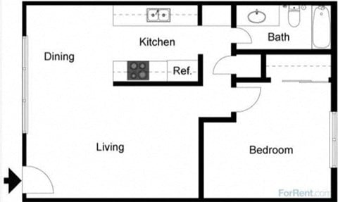 Floor plan for 1 bed, 1 bath, 656 sqft