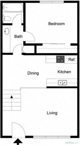 Floor plan for 1 bed, 1 bath, 594 sqft