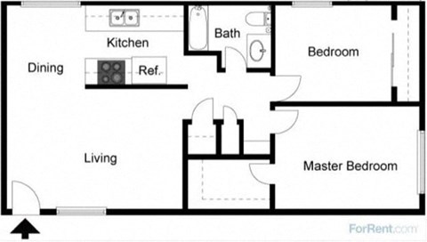 Floor plan for 2 beds, 1 bath, 930 sqft