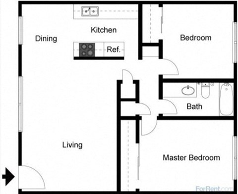 Floor plan for 2 beds, 1 bath, 924 sqft