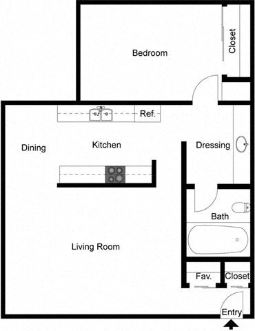 Floor plan for 1 bed, 1 bath, 708 sqft