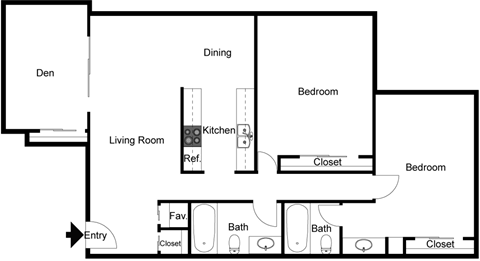 Floor plan for 2 beds, 2 baths, 1156 sqft