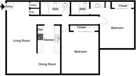 Floor plan for 2 beds, 2 baths, 1003 sqft