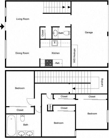 Floor plan for 3 beds, 1.5 baths, 1037 sqft