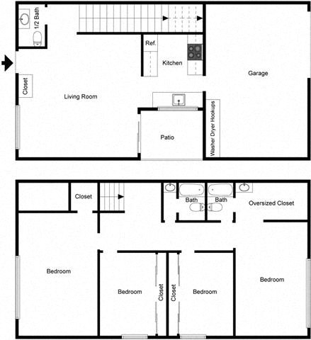 Floor plan for 4 beds, 2.5 baths, 1248 sqft