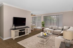 Brea apartment for rent - A living room with a television, a sofa, and a coffee table.