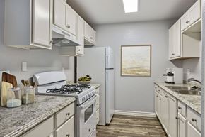 Spring Valley apartment for rent - A kitchen with a white stove top oven and a white refrigerator.