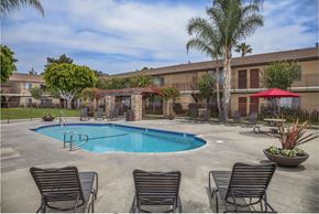 Anaheim apartment for rent - A pool surrounded by chairs and plants with a building in the background.