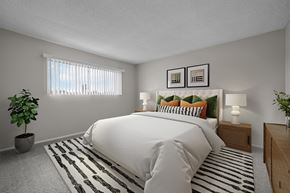 Garden Grove apartment for rent - A bedroom with a large bed, a potted plant, and a striped rug.
