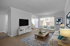 Huntington Beach apartment for rent - A living room with a white couch, a coffee table, and a television.