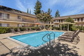 Santee apartment for rent - A swimming pool surrounded by lounge chairs and umbrellas in a sunny day.