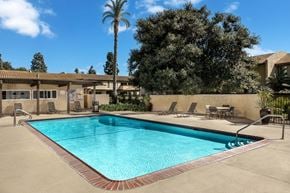 Camarillo apartment for rent - A large swimming pool surrounded by a concrete patio and lounge chairs.
