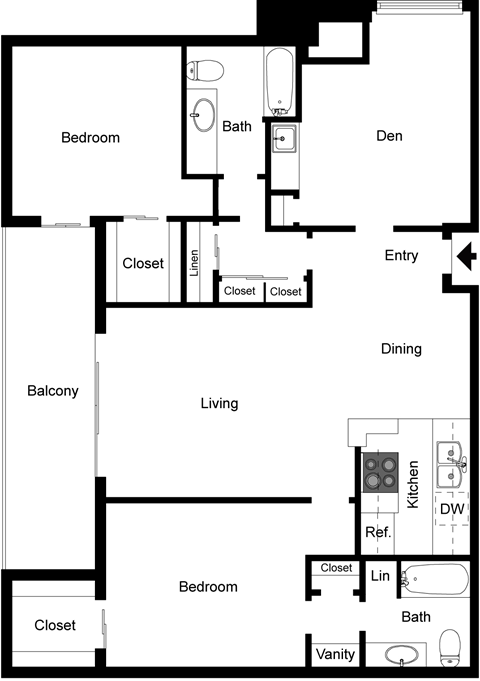 Floor plan for 2 beds, 2 baths, 1421 sqft