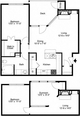 Floor plan for 1 bed, 1 bath, 743 sqft