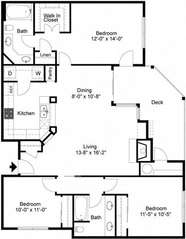 Floor plan for 3 beds, 2 baths, 1313 sqft