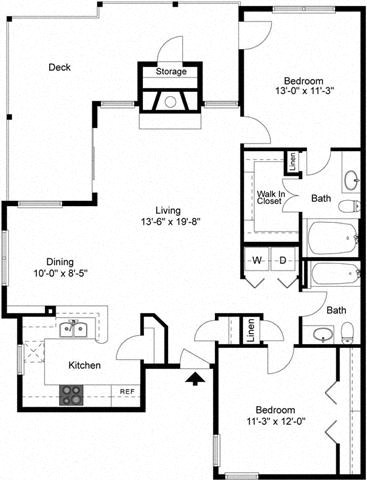 Floor plan for 2 beds, 2 baths, 1093 sqft