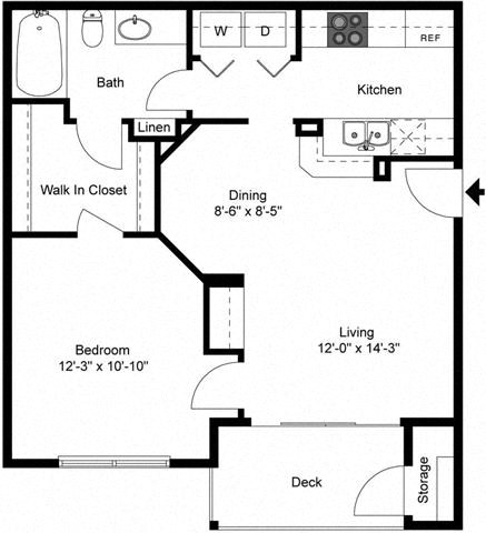 Floor plan for 1 bed, 1 bath, 626 sqft