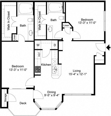 Floor plan for 2 beds, 2 baths, 968 sqft