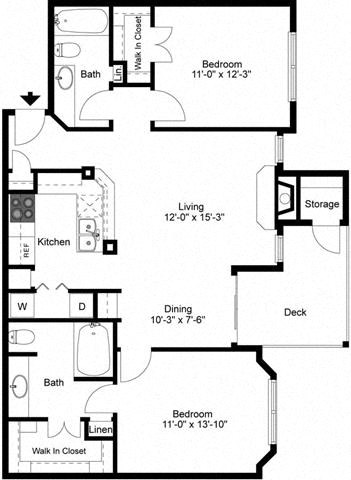 Floor plan for 2 beds, 2 baths, 1020 sqft