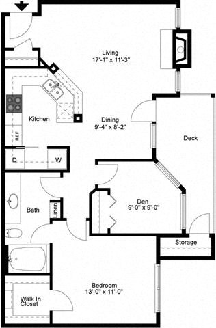Floor plan for 2 beds, 1 bath, 862 sqft