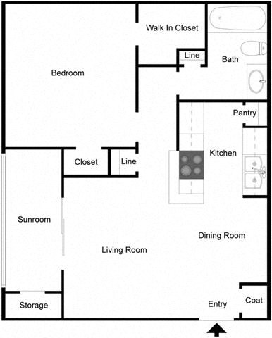 Floor plan for 1 bed, 1 bath, 658 sqft