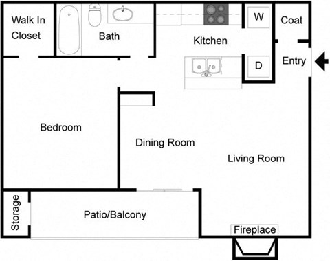 Floor plan for 1 bed, 1 bath, 670 sqft